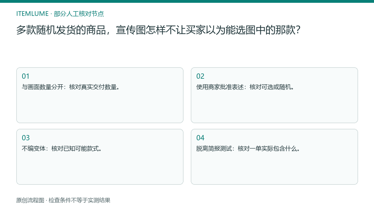 本题人工核对流程图:多款随机发货的商品,宣传图怎样不让买家以为能选图中的那款?
