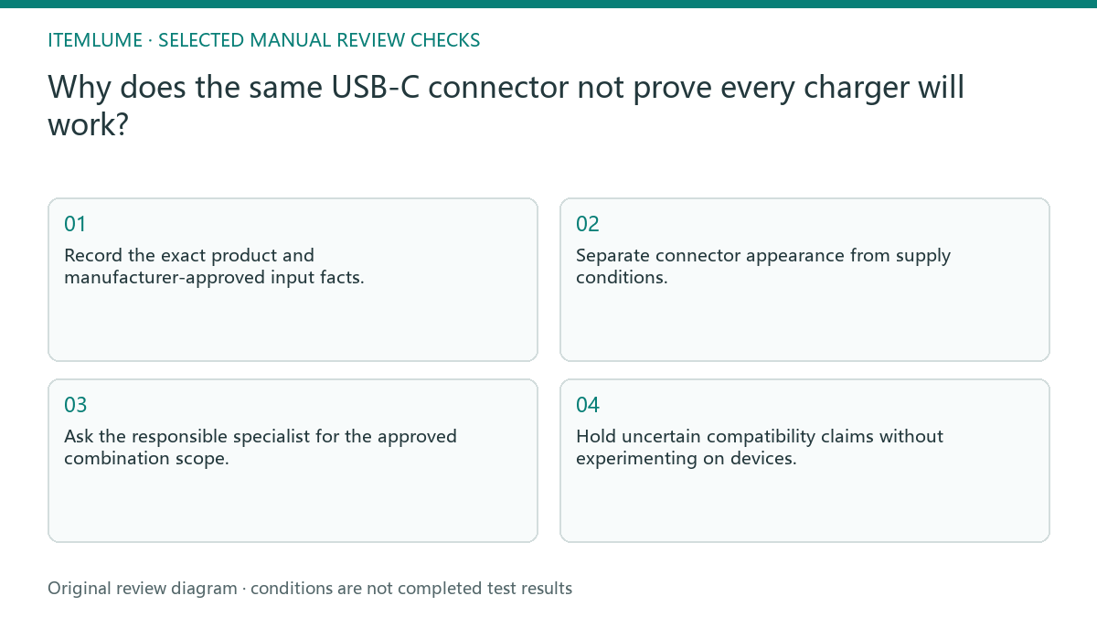 Manual review diagram for: Why does the same USB-C connector not prove every charger will work?