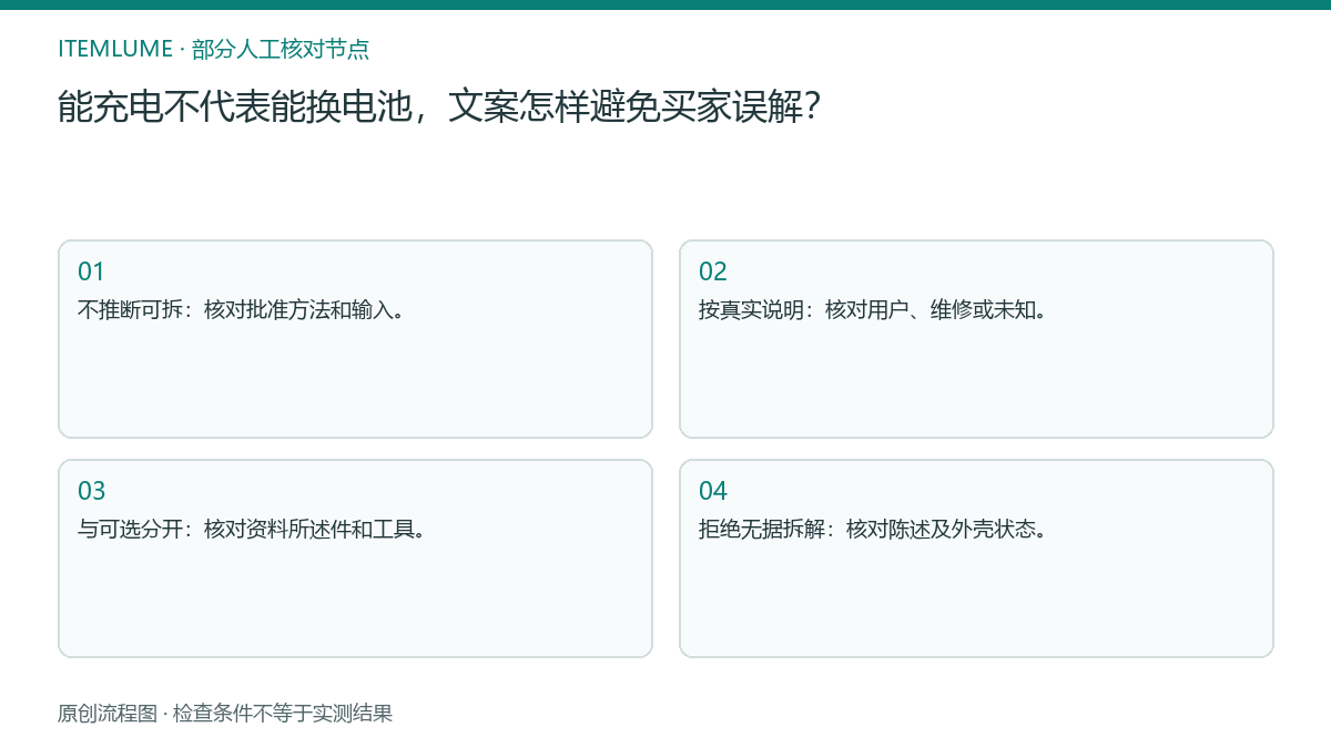 本题人工核对流程图：能充电不代表能换电池，文案怎样避免买家误解？