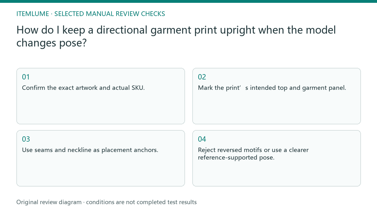 Manual review diagram for: How do I keep a directional garment print upright when the model changes pose?
