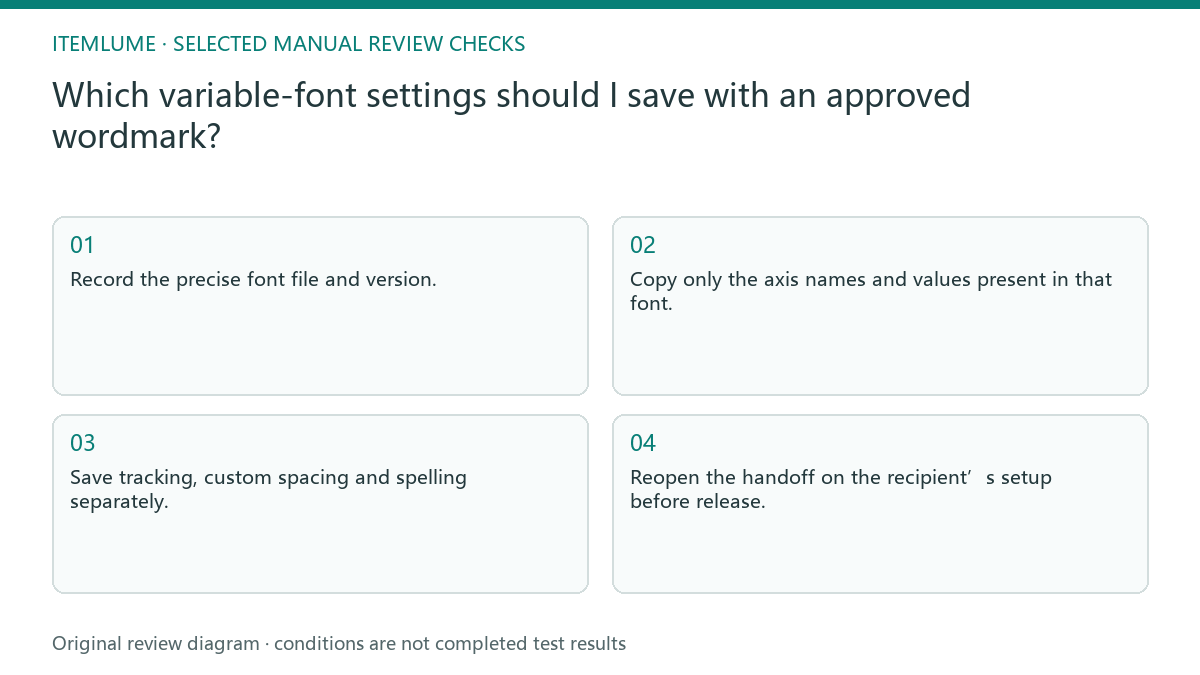 Manual review diagram for: Which variable-font settings should I save with an approved wordmark?