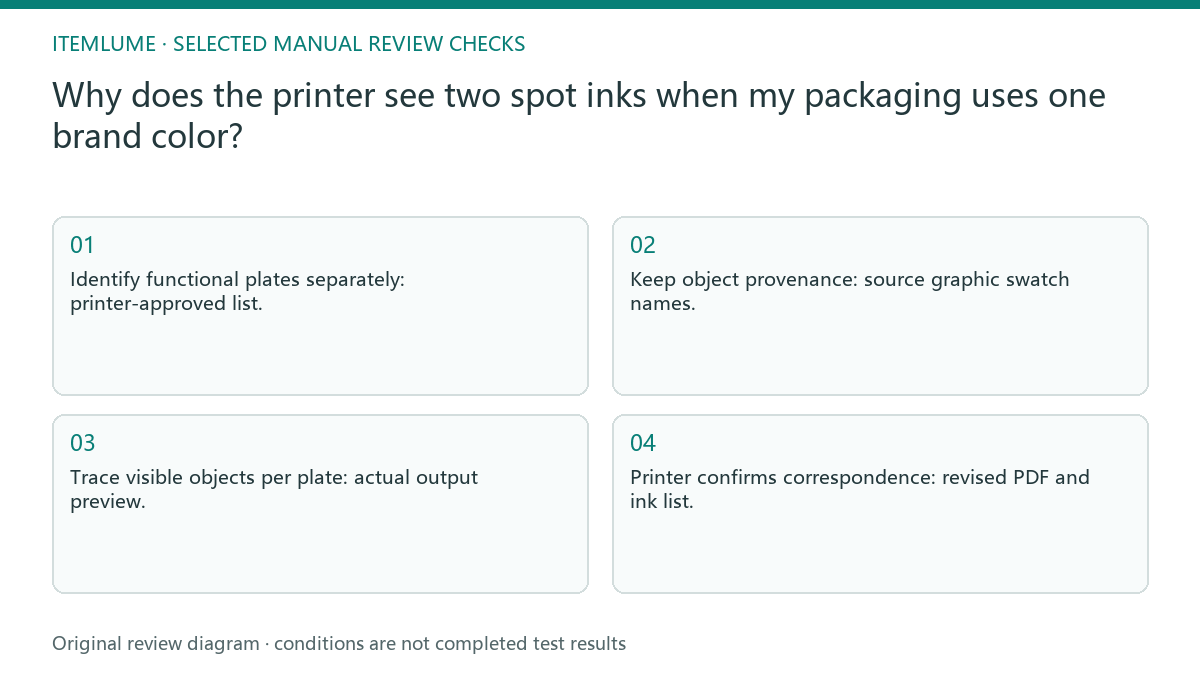 Manual review diagram for: Why does the printer see two spot inks when my packaging uses one brand color?