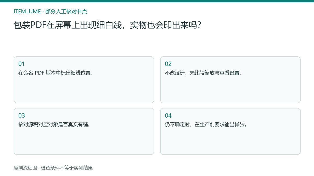 本题人工核对流程图:包装PDF在屏幕上出现细白线,实物也会印出来吗?