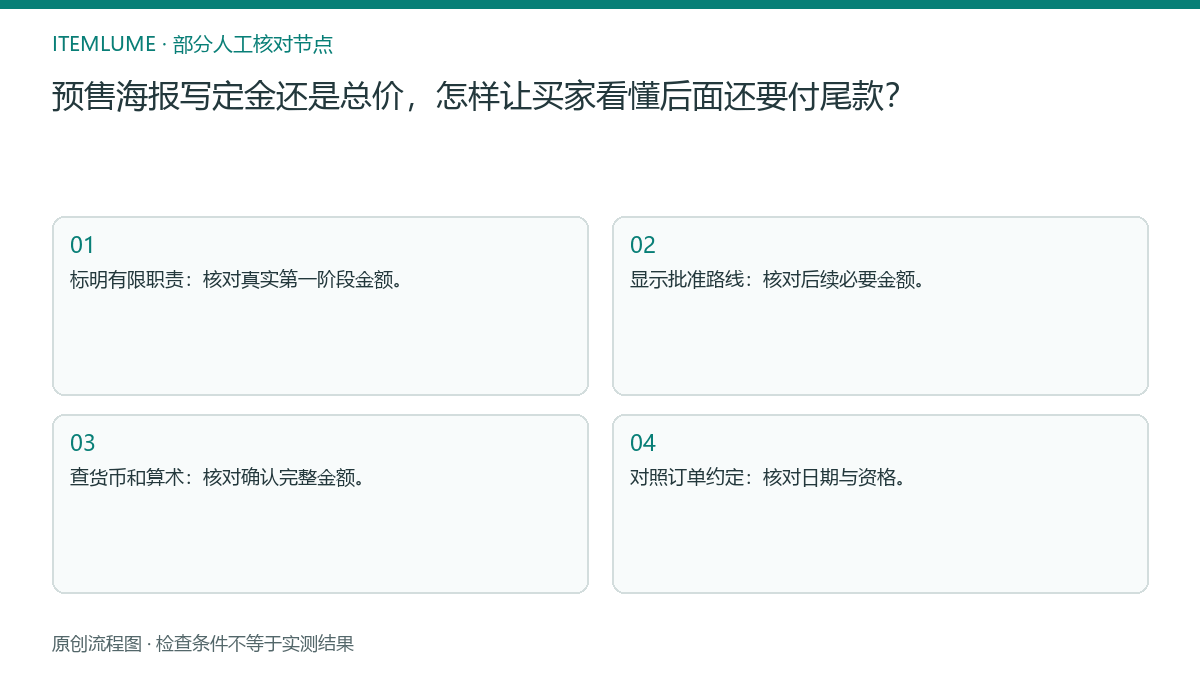 本题人工核对流程图：预售海报写定金还是总价，怎样让买家看懂后面还要付尾款？