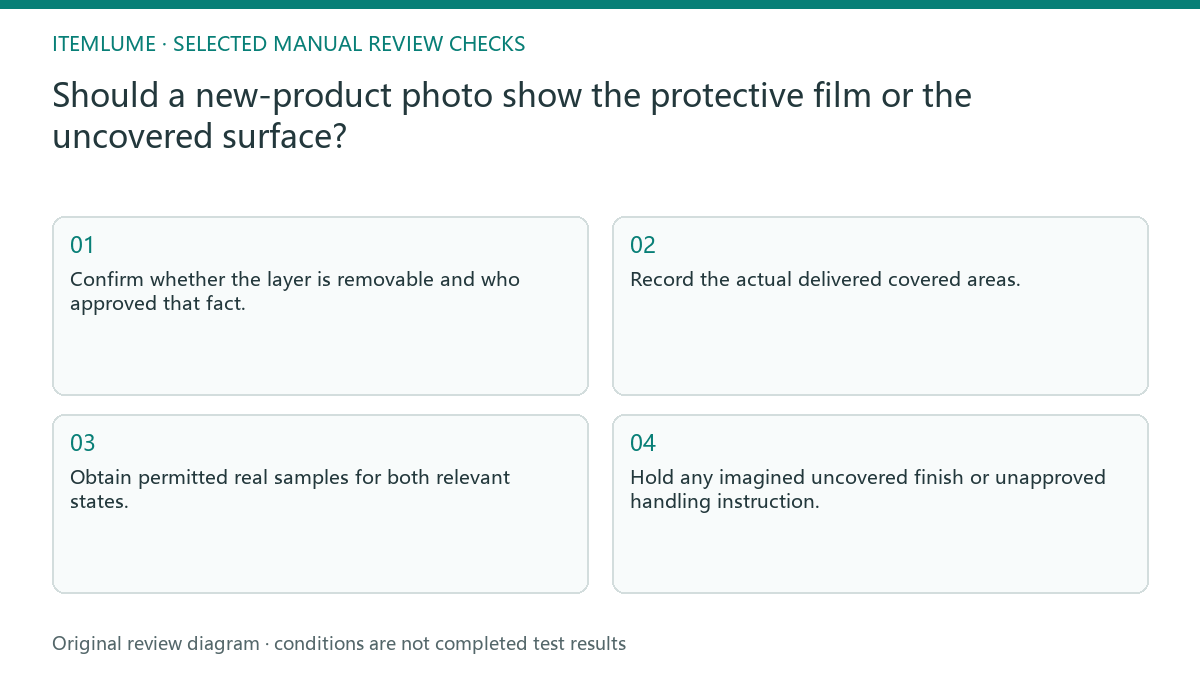 Manual review diagram for: Should a new-product photo show the protective film or the uncovered surface?