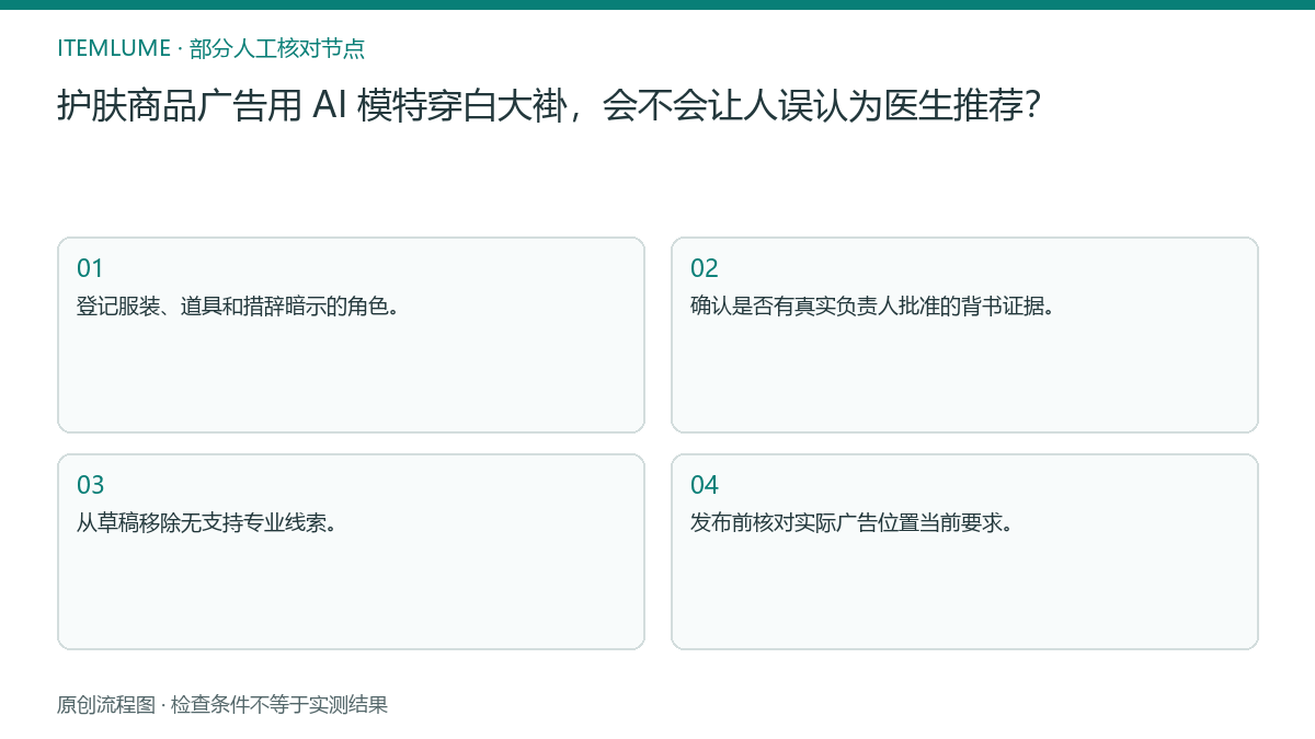 本题人工核对流程图：护肤商品广告用 AI 模特穿白大褂，会不会让人误认为医生推荐？