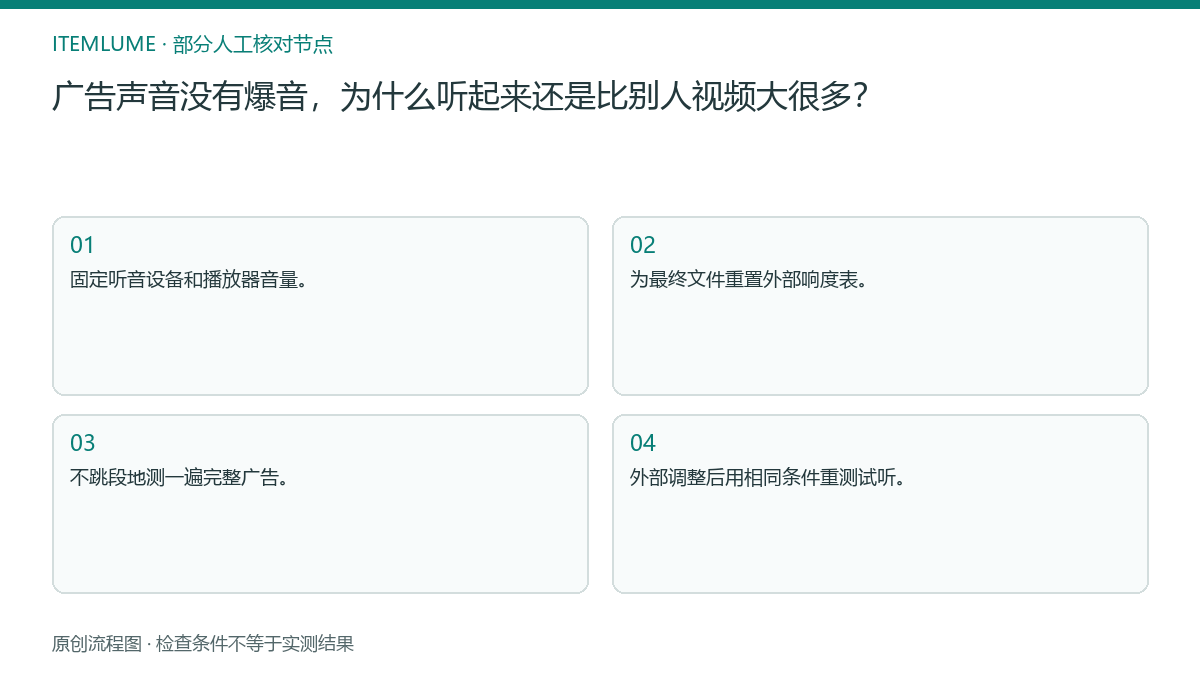 本题人工核对流程图：广告声音没有爆音，为什么听起来还是比别人视频大很多？