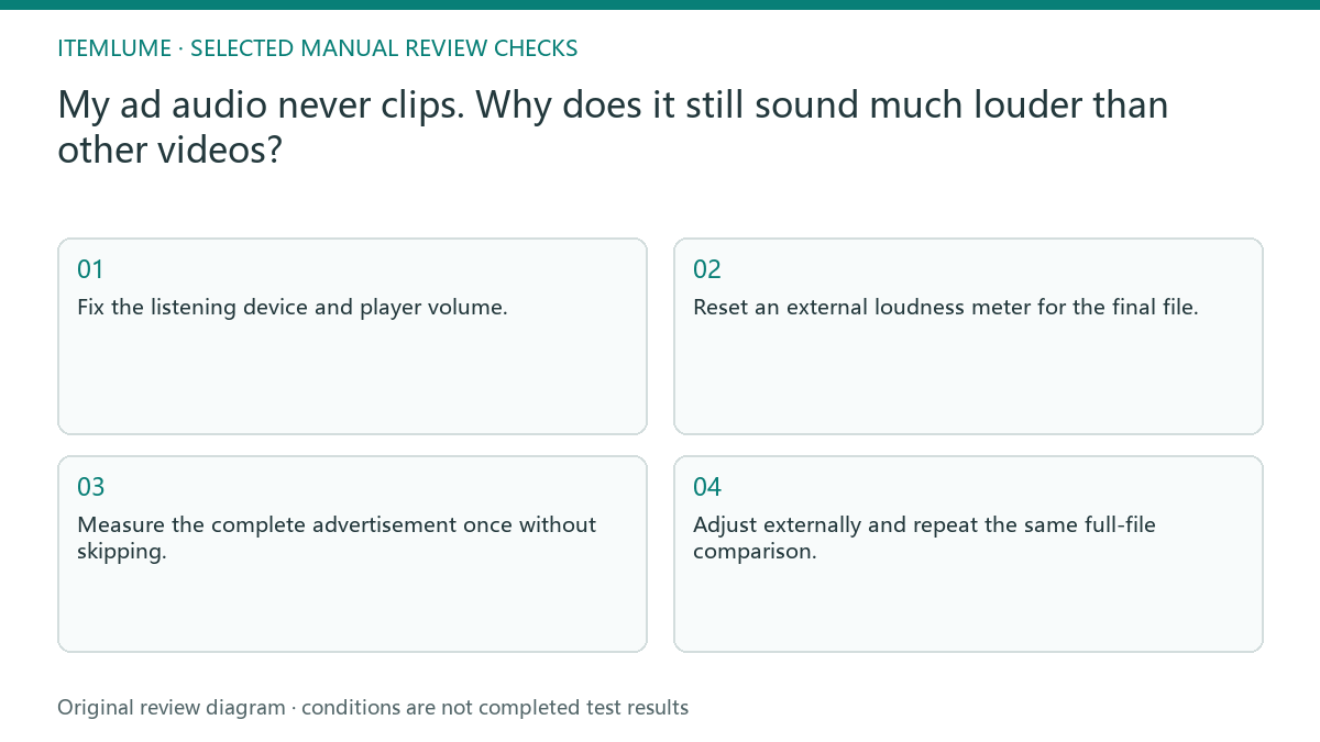 Manual review diagram for: My ad audio never clips. Why does it still sound much louder than other videos?