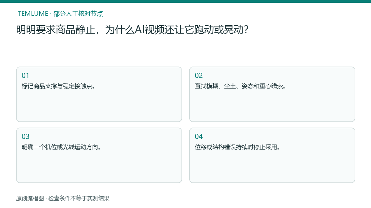 本题人工核对流程图：明明要求商品静止，为什么AI视频还让它跑动或晃动？