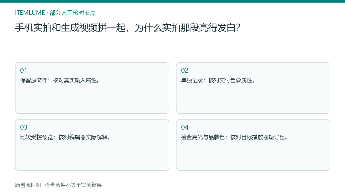 本题人工核对流程图:手机实拍和生成视频拼一起,为什么实拍那段亮得发白?