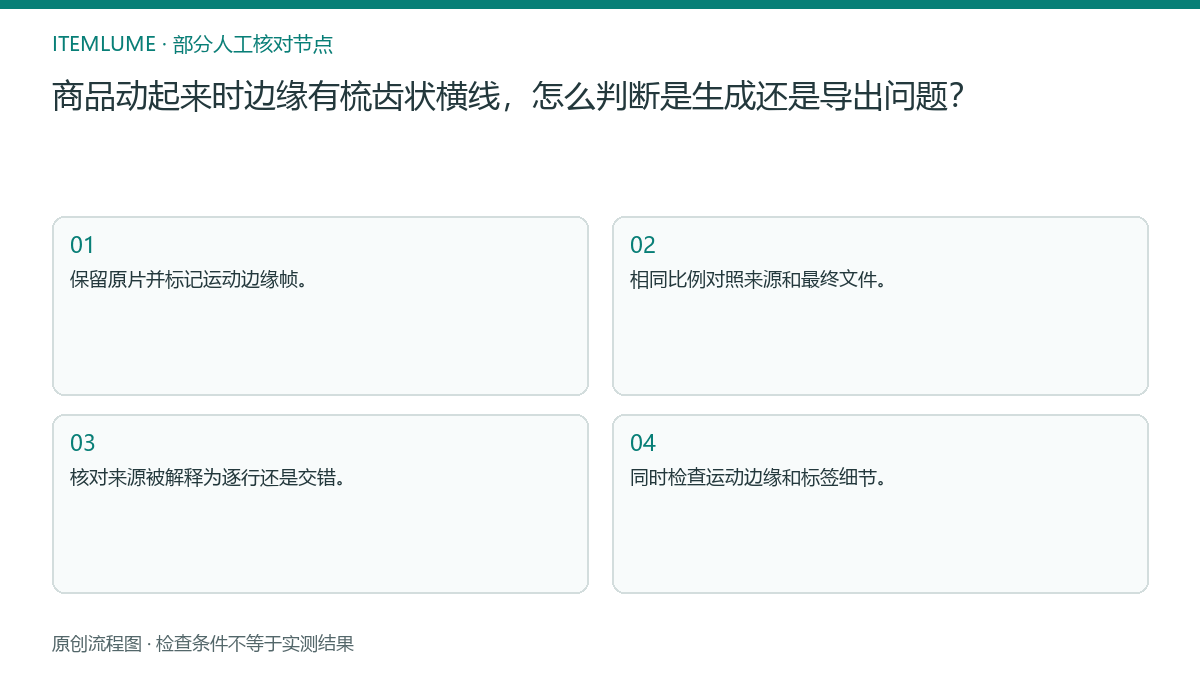 本题人工核对流程图：商品动起来时边缘有梳齿状横线，怎么判断是生成还是导出问题？