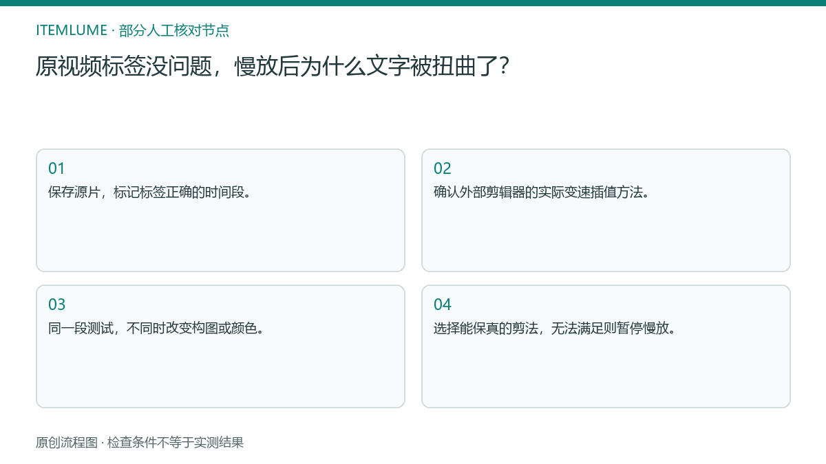本题人工核对流程图：原视频标签没问题，慢放后为什么文字被扭曲了？