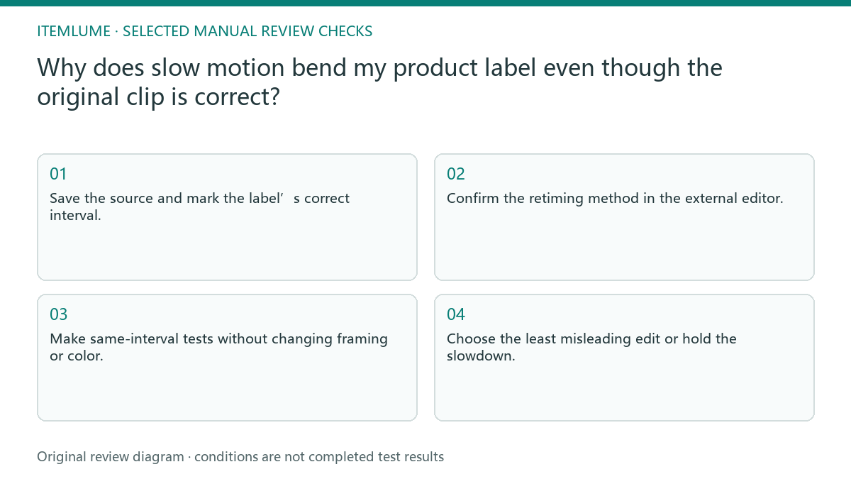 Manual review diagram for: Why does slow motion bend my product label even though the original clip is correct?
