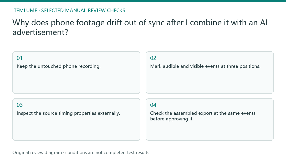 Manual review diagram for: Why does phone footage drift out of sync after I combine it with an AI advertisement?