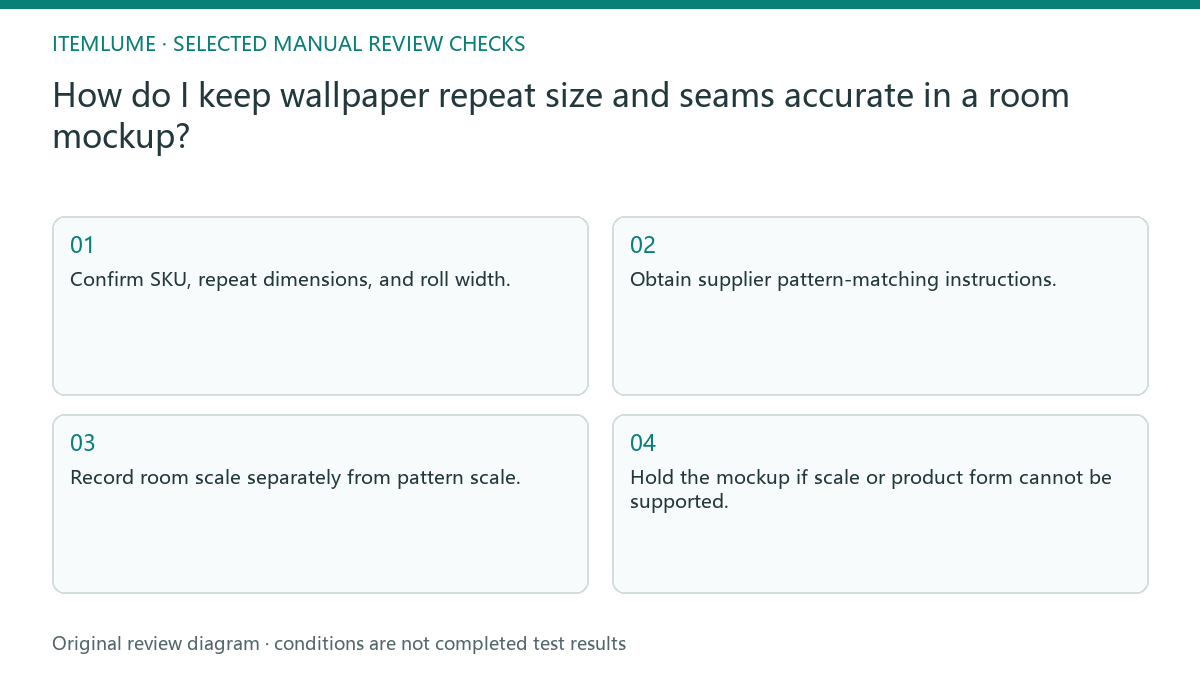Manual review diagram for: How do I keep wallpaper repeat size and seams accurate in a room mockup?
