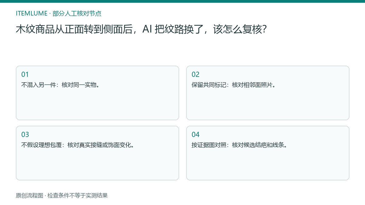 本题人工核对流程图：木纹商品从正面转到侧面后，AI 把纹路换了，该怎么复核？