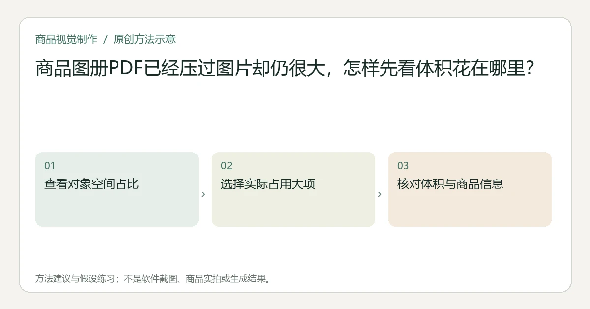 原创方法示意：查看对象空间占比；选择实际占用大项；核对体积与商品信息。非工具界面、商品实拍或测试结果。