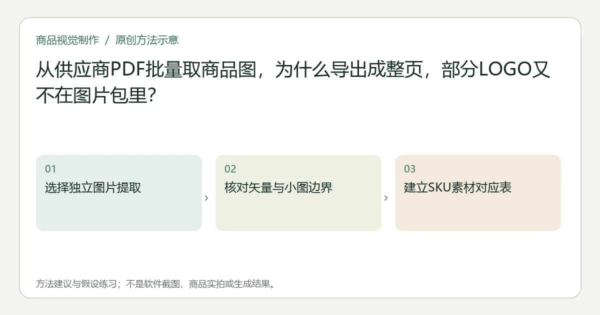 原创方法示意:选择独立图片提取;核对矢量与小图边界;建立SKU素材对应表。非工具界面、商品实拍或测试结果。