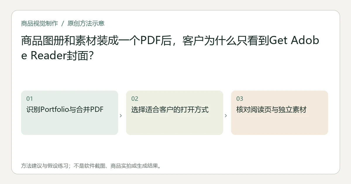 原创方法示意:识别Portfolio与合并PDF;选择适合客户的打开方式;核对阅读页与独立素材。非工具界面、商品实拍或测试结果。