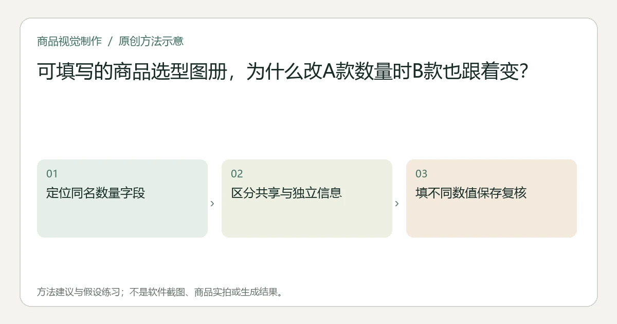 原创方法示意:定位同名数量字段;区分共享与独立信息;填不同数值保存复核。非工具界面、商品实拍或测试结果。