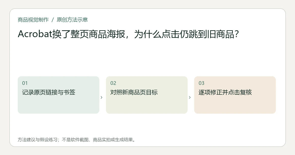 原创方法示意：记录原页链接与书签；对照新商品页目标；逐项修正并点击复核。非工具界面、商品实拍或测试结果。