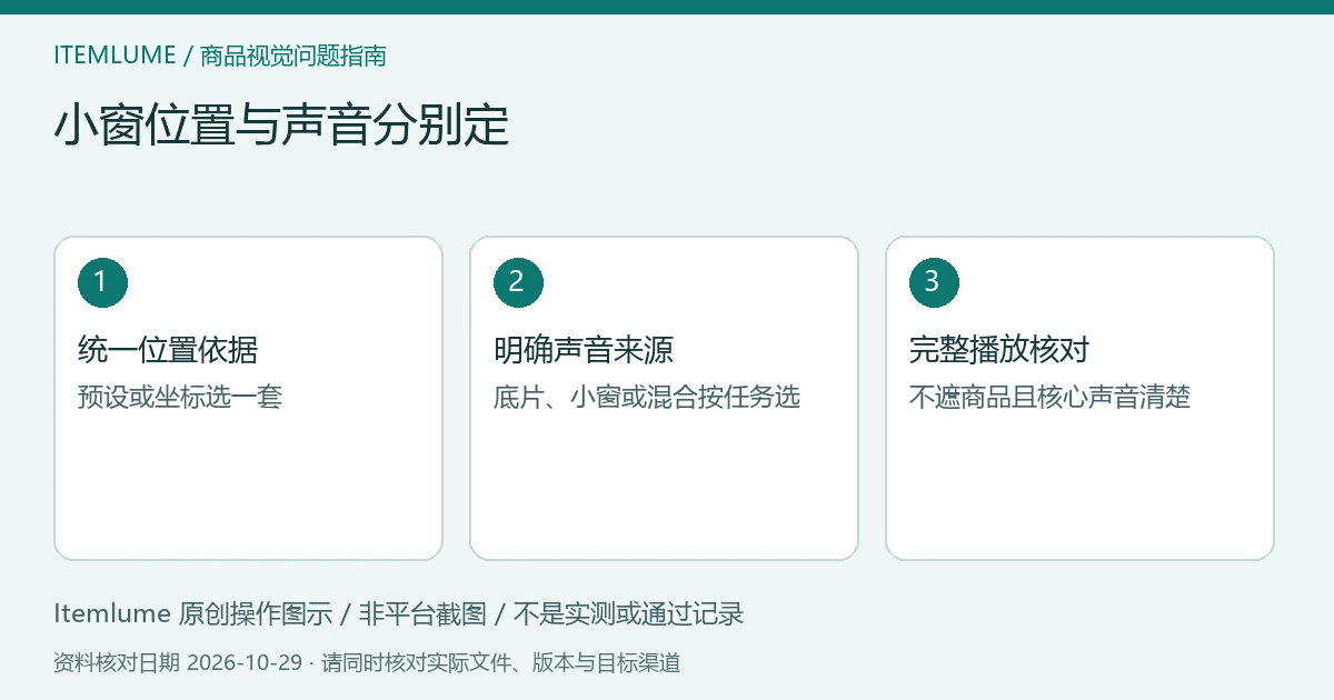 原创合成检查示意:单一位置依据、明确声音来源、完整重叠区审核;非软件截图