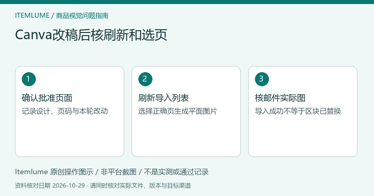 Canva到邮件图片交接示意：核批准页面、刷新导入列表、检查实际平面图；不是平台截图。