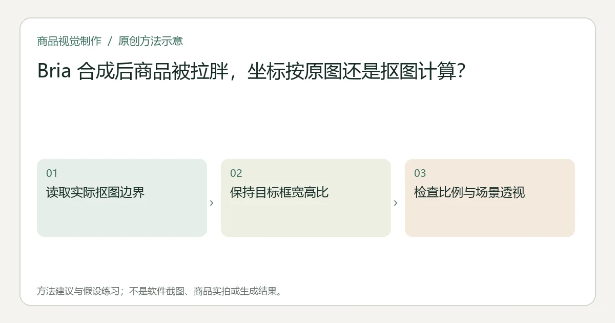 原创方法示意：读取实际抠图边界；保持目标框宽高比；检查比例与场景透视。非工具界面、商品实拍或测试结果。