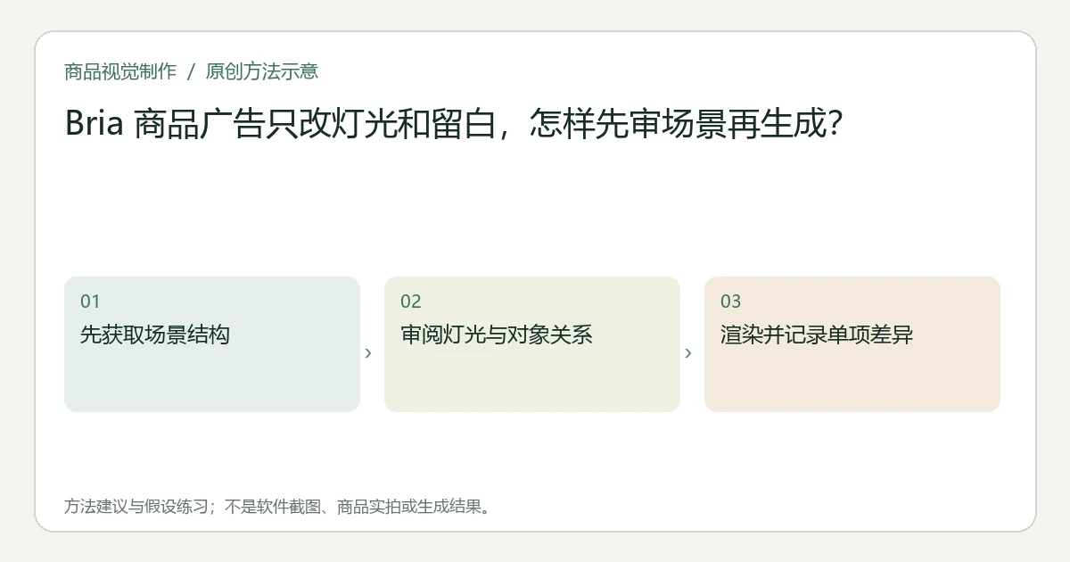 原创方法示意：先获取场景结构；审阅灯光与对象关系；渲染并记录单项差异。非工具界面、商品实拍或测试结果。
