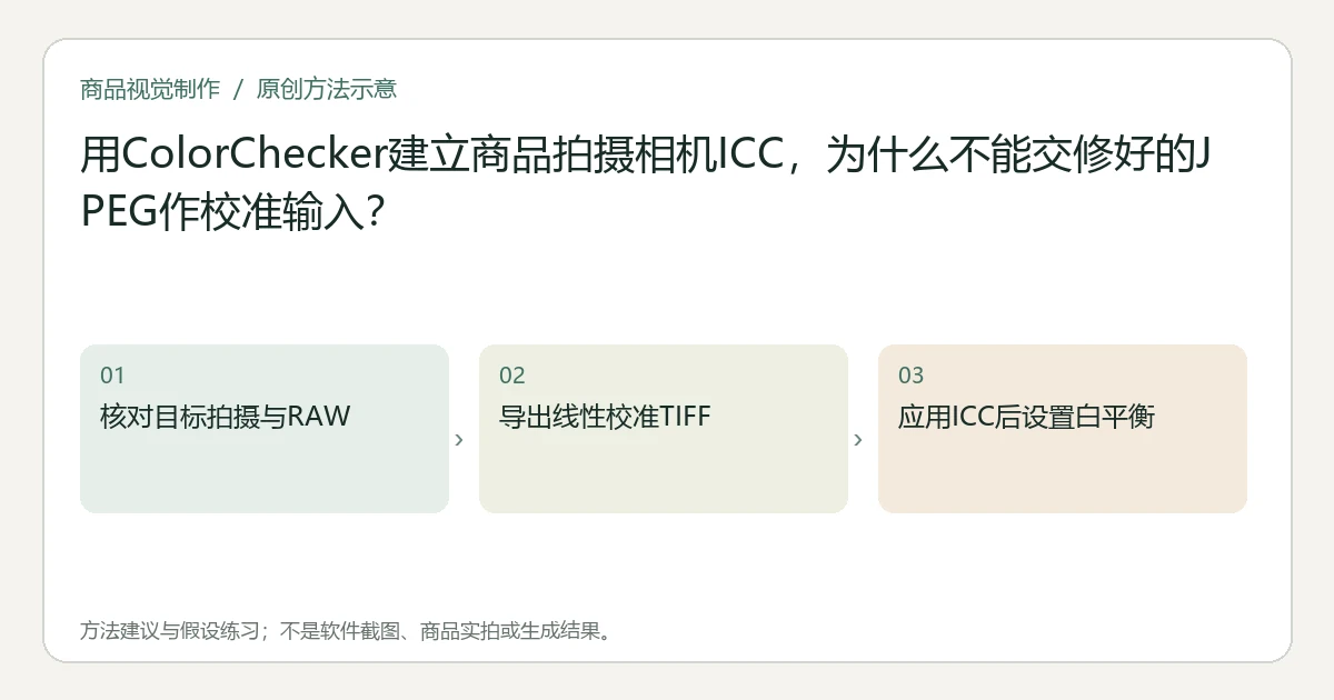 原创方法示意：核对目标拍摄与RAW；导出线性校准TIFF；应用ICC后设置白平衡。非工具界面、商品实拍或测试结果。