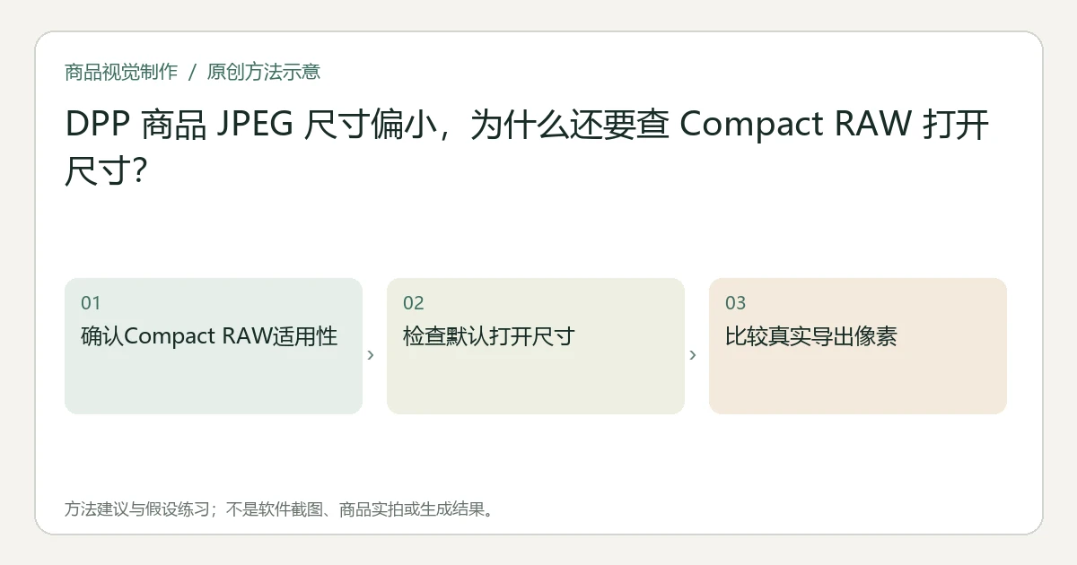 原创方法示意：确认Compact RAW适用性；检查默认打开尺寸；比较真实导出像素。非工具界面、商品实拍或测试结果。