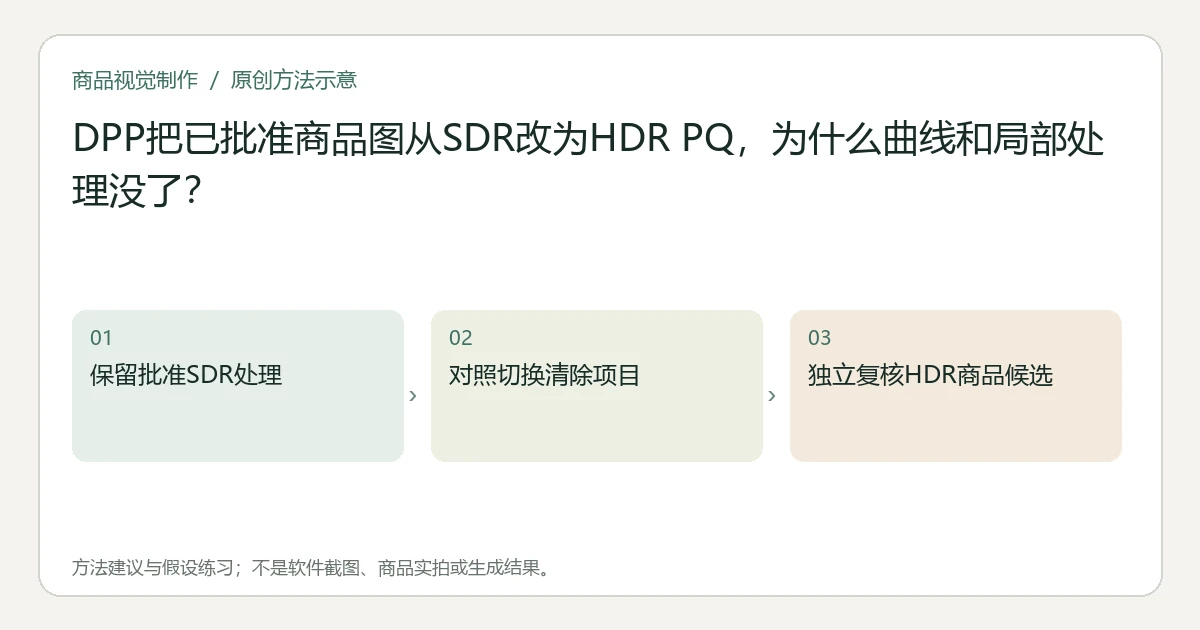 原创方法示意：保留批准SDR处理；对照切换清除项目；独立复核HDR商品候选。非工具界面、商品实拍或测试结果。