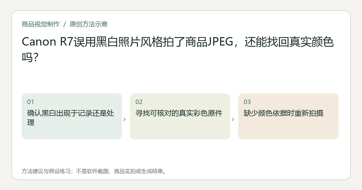 原创方法示意:确认黑白出现于记录还是处理;寻找可核对的真实彩色原件;缺少颜色依据时重新拍摄。非工具界面、商品实拍或测试结果。