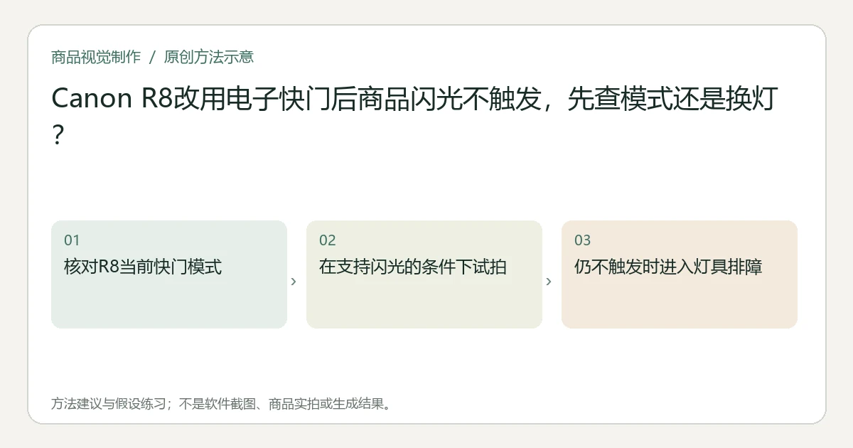 原创方法示意：核对R8当前快门模式；在支持闪光的条件下试拍；仍不触发时进入灯具排障。非工具界面、商品实拍或测试结果。