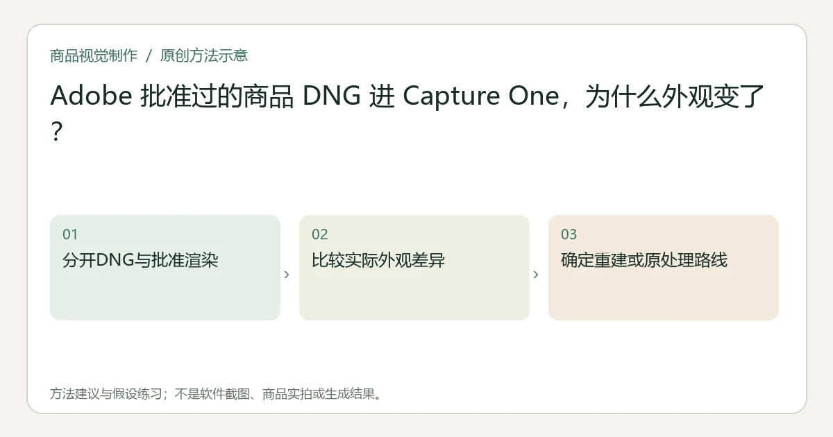 原创方法示意：分开DNG与批准渲染；比较实际外观差异；确定重建或原处理路线。非工具界面、商品实拍或测试结果。
