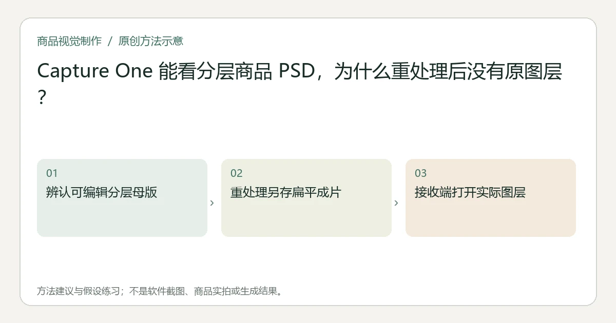 原创方法示意：辨认可编辑分层母版；重处理另存扁平成片；接收端打开实际图层。非工具界面、商品实拍或测试结果。