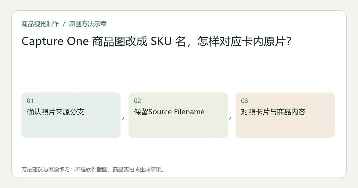 原创方法示意：确认照片来源分支；保留Source Filename；对照卡片与商品内容。非工具界面、商品实拍或测试结果。