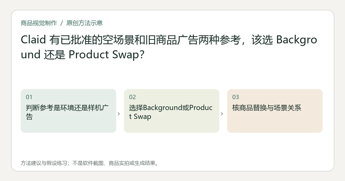 原创方法示意：判断参考是环境还是样机广告；选择Background或Product Swap；核商品替换与场景关系。非工具界面、商品实拍或测试结果。