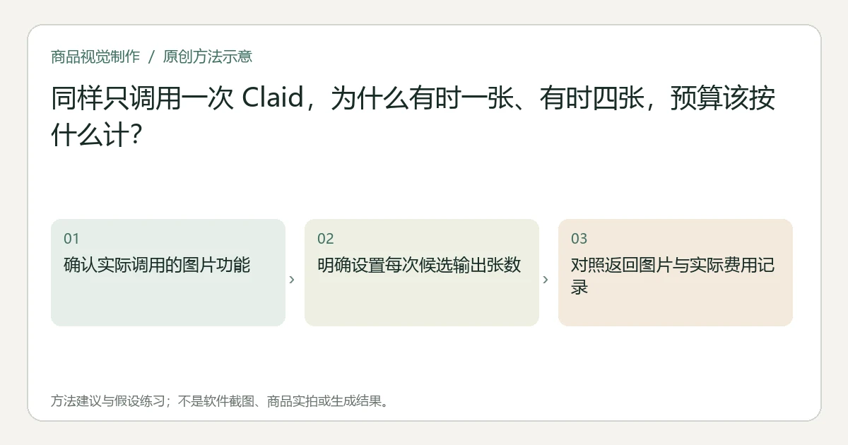 原创方法示意：确认实际调用的图片功能；明确设置每次候选输出张数；对照返回图片与实际费用记录。非工具界面、商品实拍或测试结果。