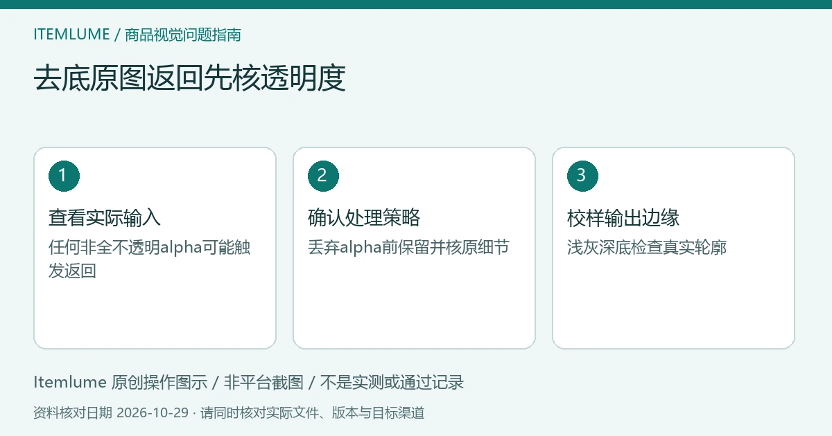 去底输入核查示意：查看实际alpha、确认返回策略、保留透明细节再验边缘；不是软件截图。
