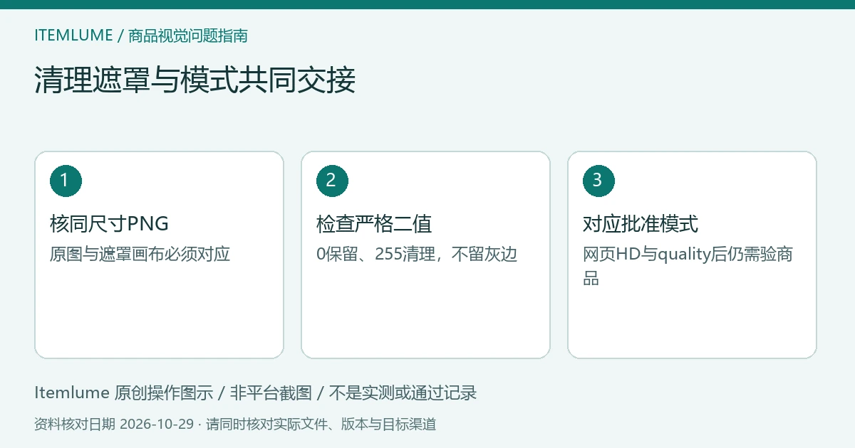 清理遮罩交接示意:核等尺寸PNG、检查二值边缘、对应质量模式并验图;不是软件截图。