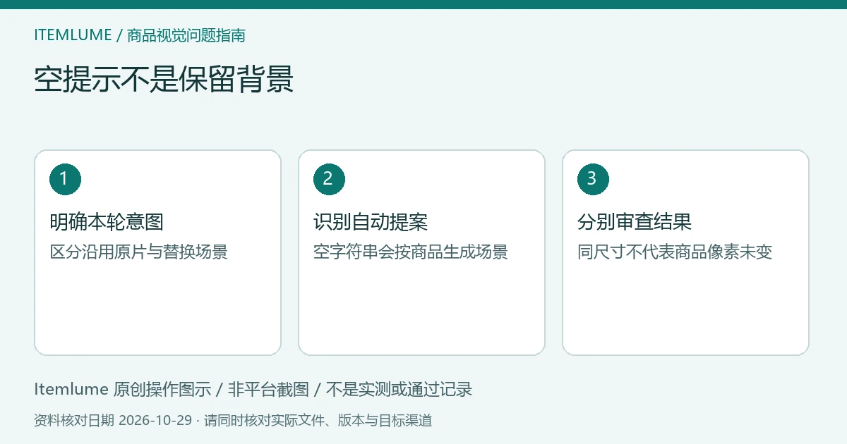 背景空值任务分流示意:确认替换意图、识别自动场景、对照真实商品;不是接口截图。