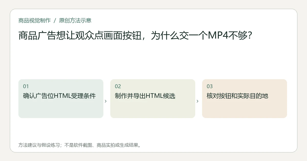 原创方法示意：确认广告位HTML受理条件；制作并导出HTML候选；核对按钮和实际目的地。非工具界面、商品实拍或测试结果。