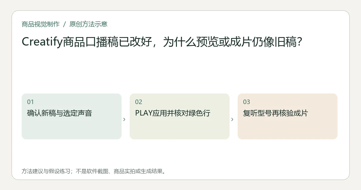原创方法示意：确认新稿与选定声音；PLAY应用并核对绿色行；复听型号再核验成片。非工具界面、商品实拍或测试结果。