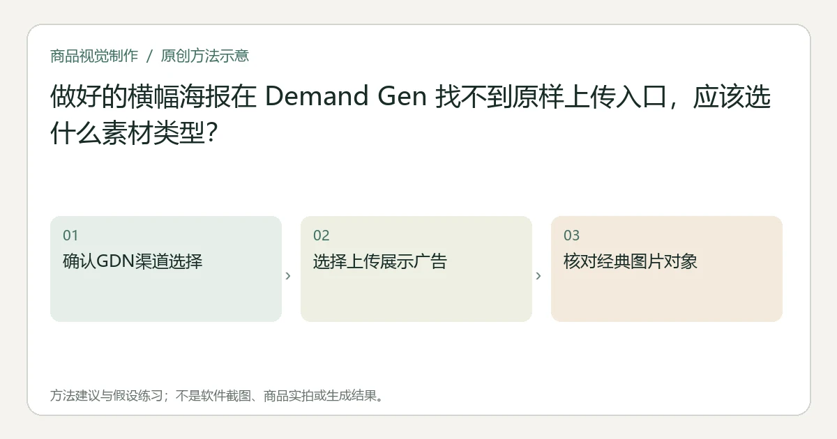 原创方法示意:确认GDN渠道选择;选择上传展示广告;核对经典图片对象。非工具界面、商品实拍或测试结果。