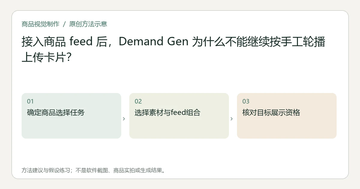 原创方法示意:确定商品选择任务;选择素材与feed组合;核对目标展示资格。非工具界面、商品实拍或测试结果。