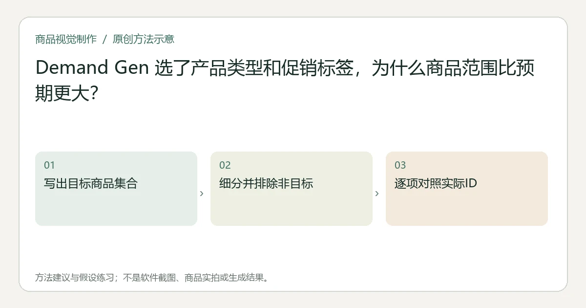 原创方法示意：写出目标商品集合；细分并排除非目标；逐项对照实际ID。非工具界面、商品实拍或测试结果。