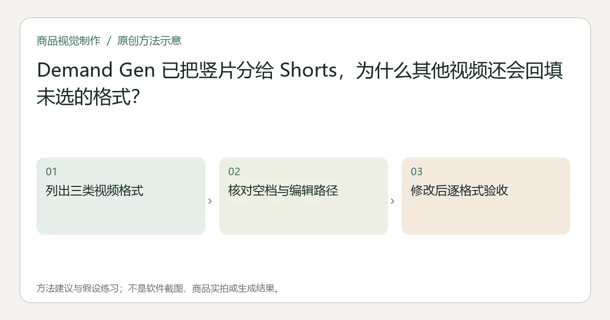 原创方法示意:列出三类视频格式;核对空档与编辑路径;修改后逐格式验收。非工具界面、商品实拍或测试结果。