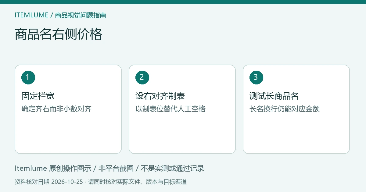 三步核对图:固定栏宽;设右对齐制表;测试长商品名。