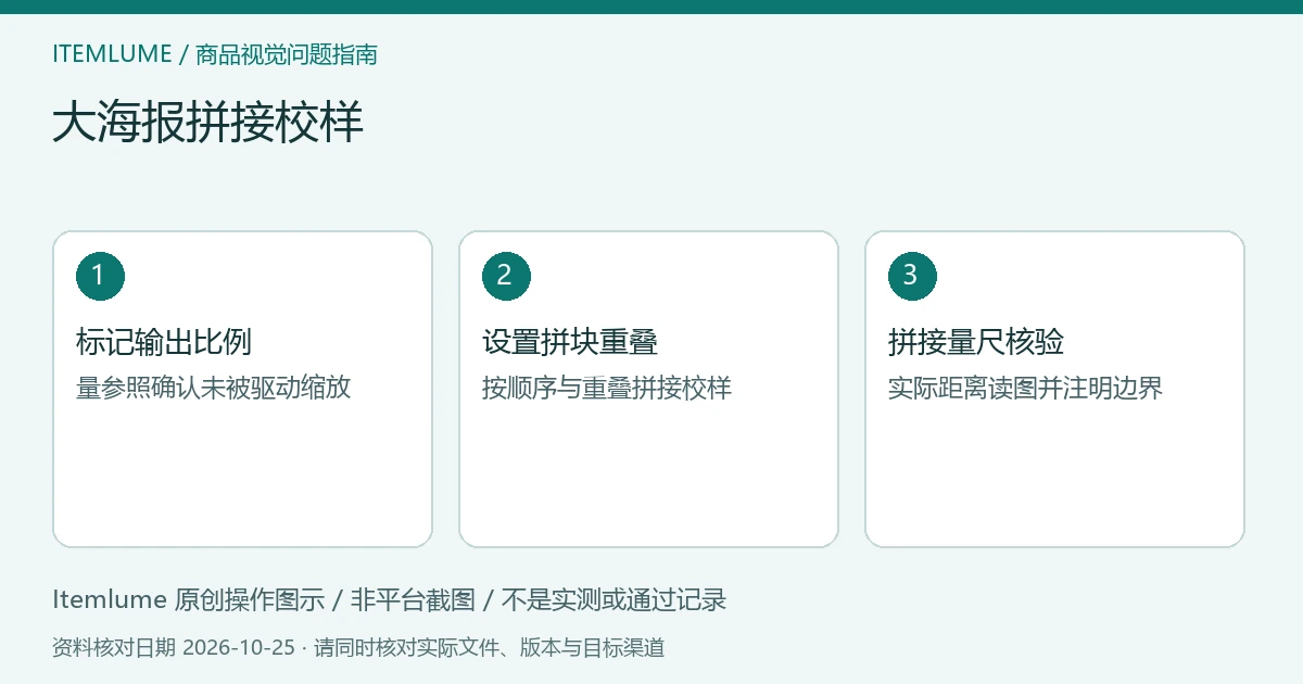 三步核对图：标记输出比例；设置拼块重叠；拼接量尺核验。